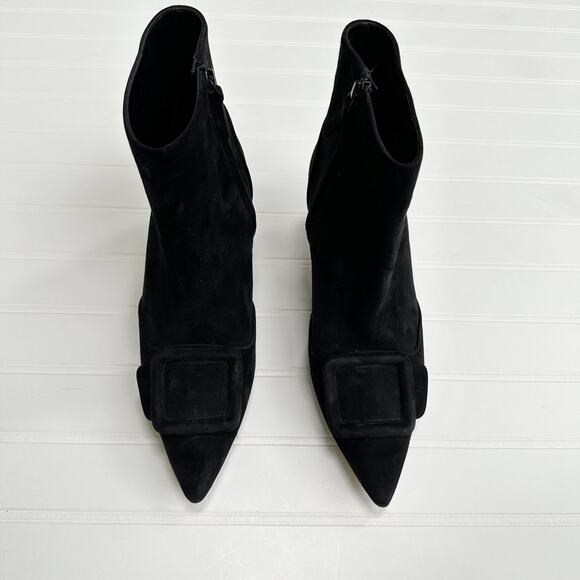 Manolo Blahnik Baylow Black Suede Ankle Boots Maysale Buckle Heel 38.5 - Picture 14 of 16